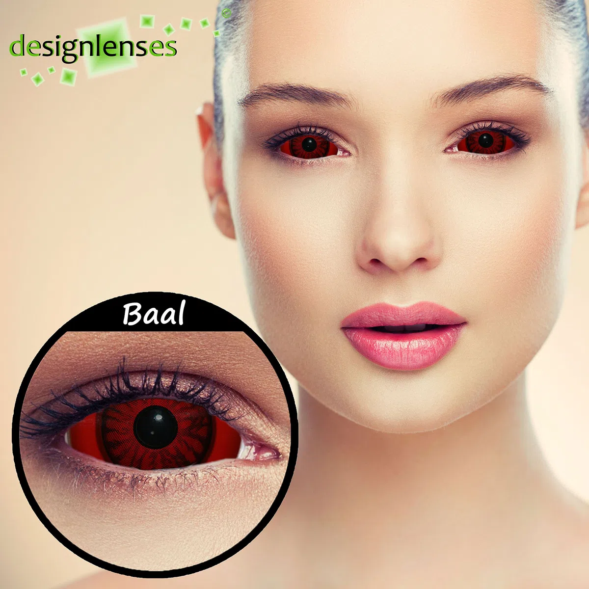 lentilles couleur full sclera rouge pour halloween costume de demonio, diamètre 22mm, 1 paire (2 pcs), sans correction + étui à lentilles "Baal"