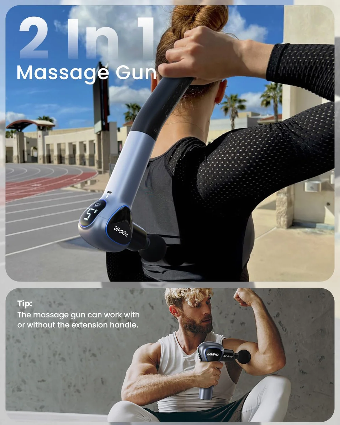 Pistolet de Massage Musculaire avec Poignée Amovible, RENPHO Reach Massage Gun, 5 vitesses, 4 Têtes de Massage, 2 en 1 Masseur de Tissus Profonds à Main
