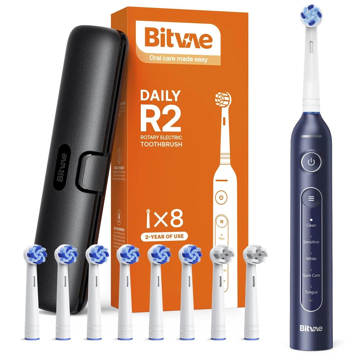 Bitvae R2 Brosse à dents électrique de voyage rotative, 8 têtes de brosse à dents professionnelles, étui de transport, 5 modes de soins des dents, alertes de pression pour éviter les blessures aux