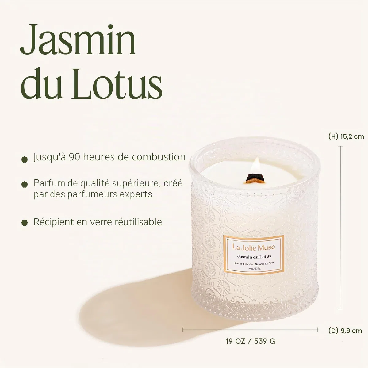 La Jolíe Muse Bougie parfumée au jasmin, bougie pour la fête des mères, bougie parfumée avec mèche en bois pour femmes et hommes, grande bougie en verre pour la maison, durée de combustion de 90