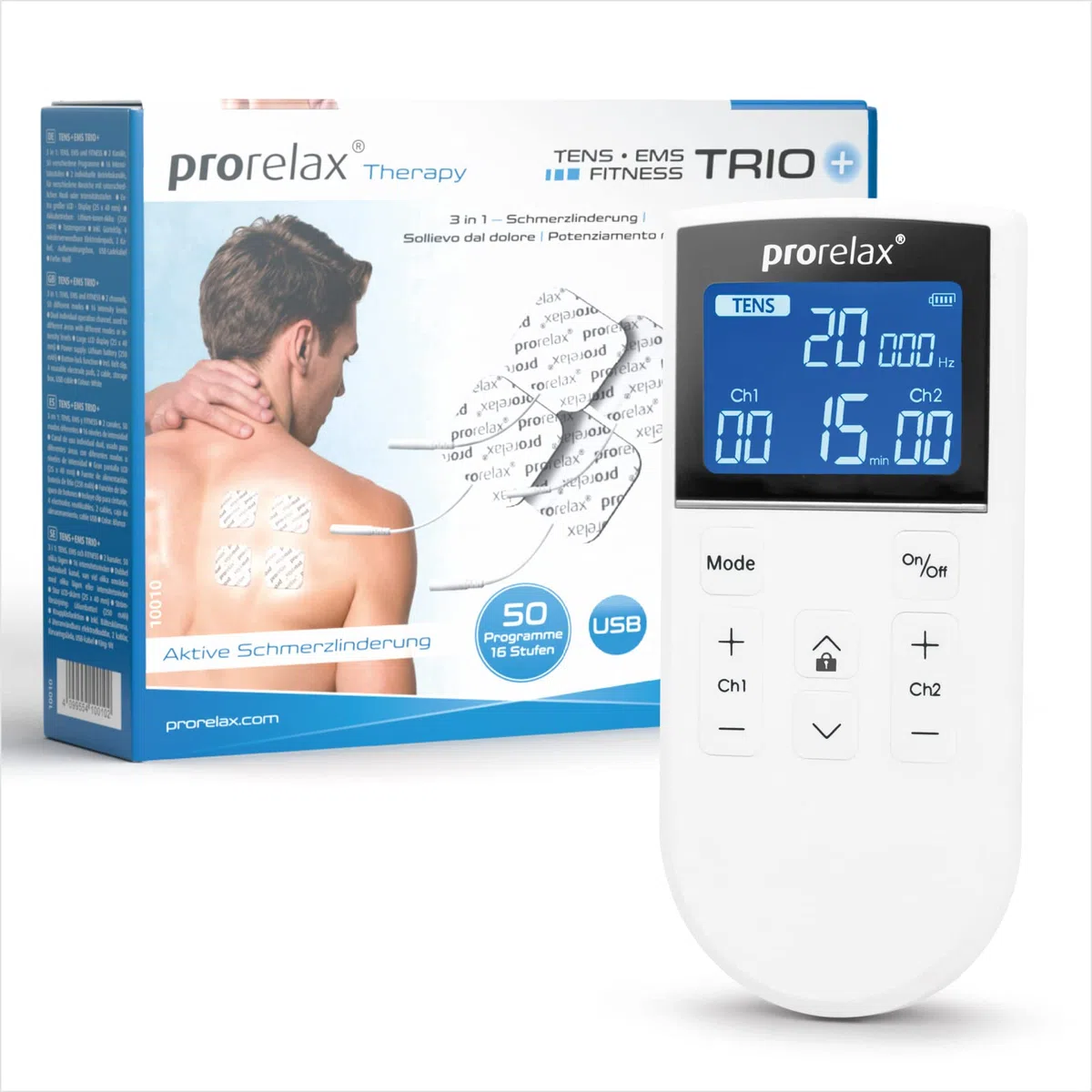 Prorelax TENS/EMS Trio+ Appareil d'électrostimulation 50 programmes