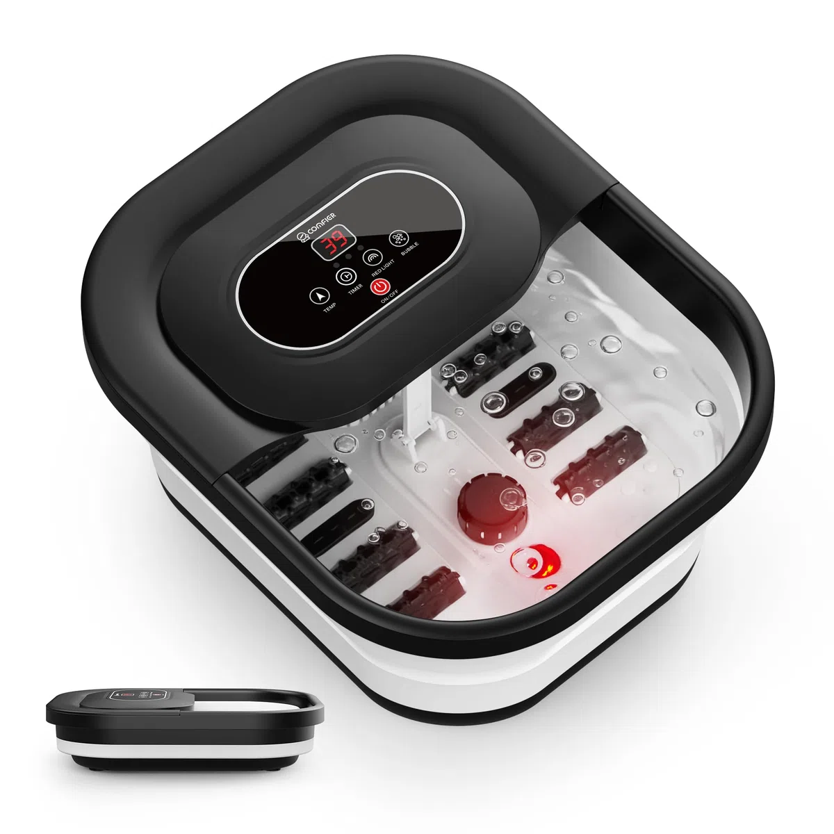 COMFIER Bain de pieds chauffant de massage|Masseur de pieds pliable|Fonction de vibration et de bulles|Pierre ponce pour pieds|35℃-48℃|Avec 8 rouleaux Shiatsu (Noir)