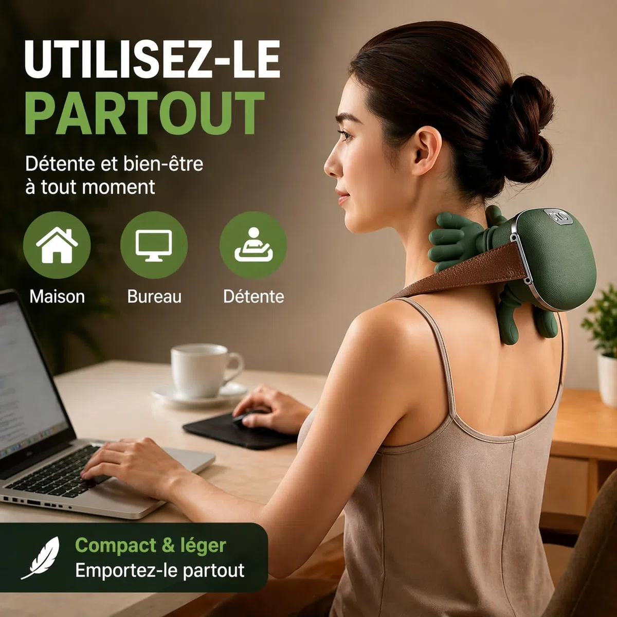 Masseur Cervical Électrique Sans Fil – Massage Profond 3 Niveaux + Chaleur 2 Niveaux, 2000 mAh