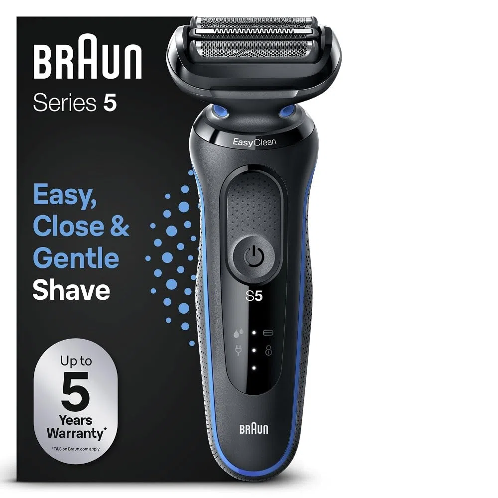 Braun Rasoir Electrique Homme Series 5 51-B1000s, Bleu, Etanche, A Grille Et Sans Fil, 3 Lames Flexibles Pour Bien Raser La Barbe Et Le Visage, Coffret De Rasage Avec Chargeur Intelligent