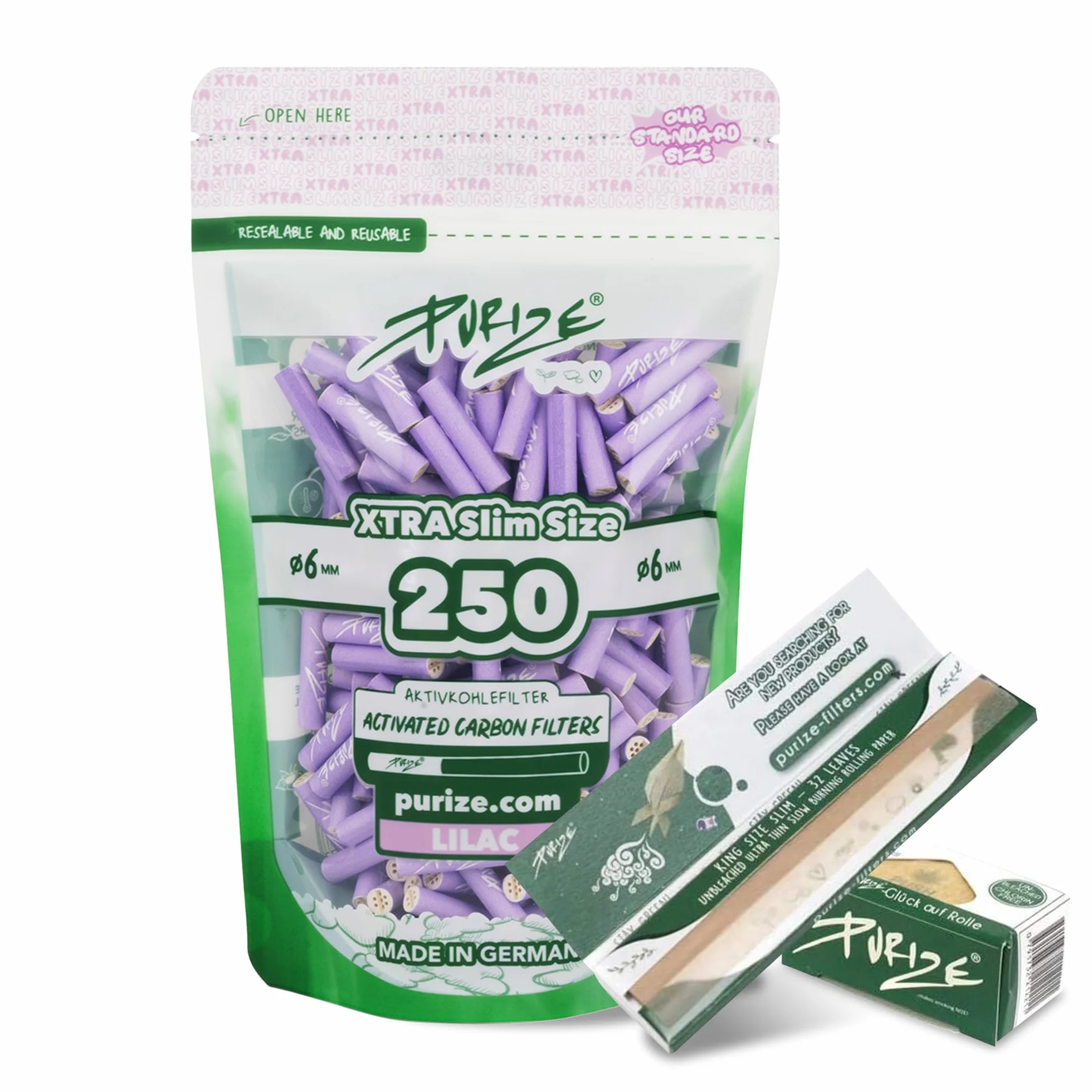 PURIZE Sachets 250 filtres à charbon actif XTRA Slim Lilas