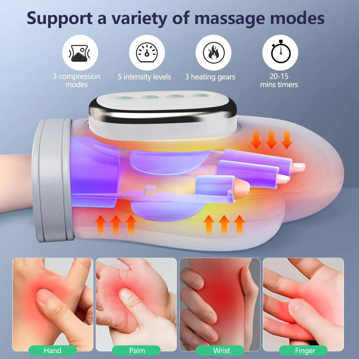 Masseur électrique pour les mains avec chaleur et compression, sans fil, 3 températures, 5 modes