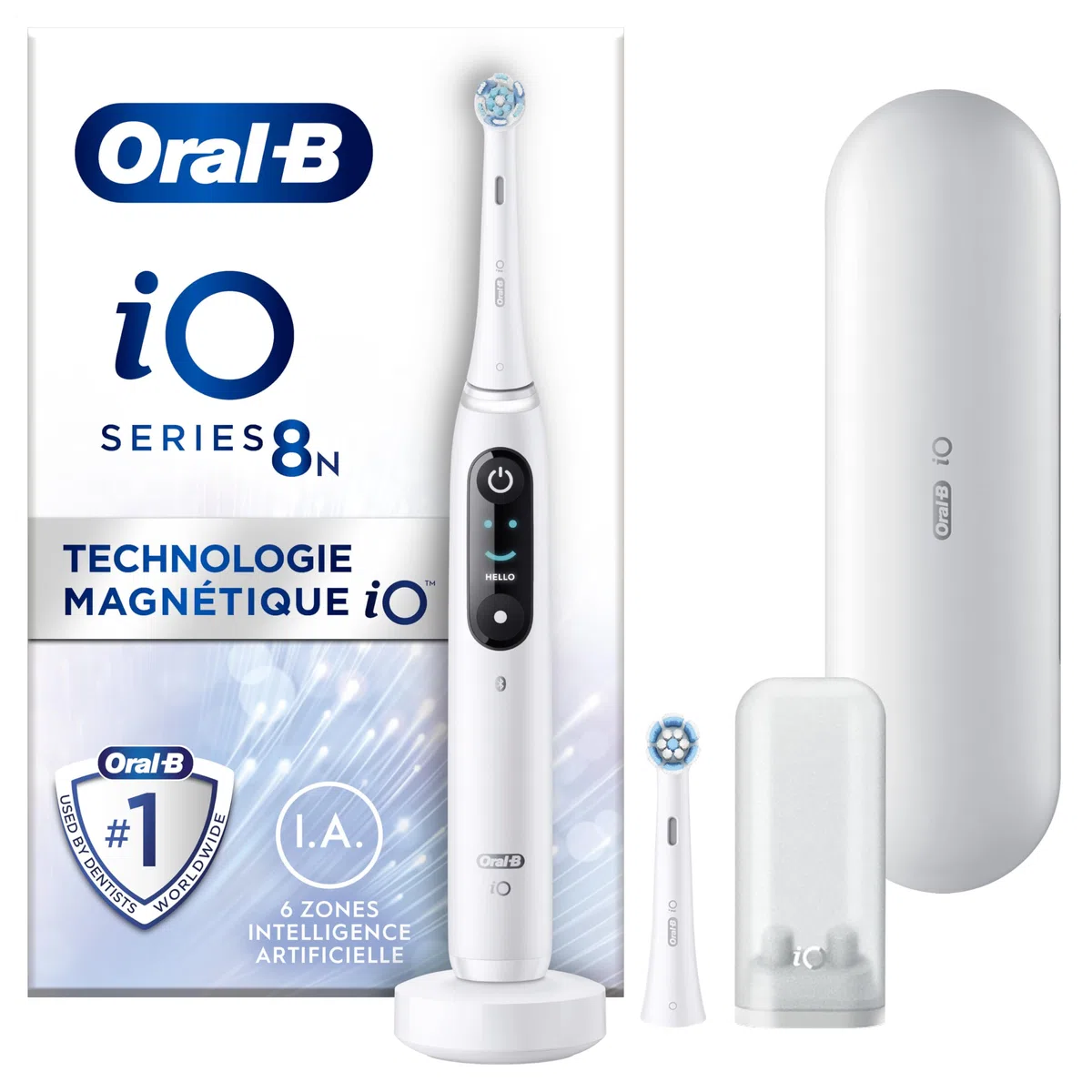 Oral-B iO 8N Brosse À Dents Électrique Blanche connectée Bluetooth, 2 Brossettes, 1 Étui De Voyage, Ensemble de 4 pièces
