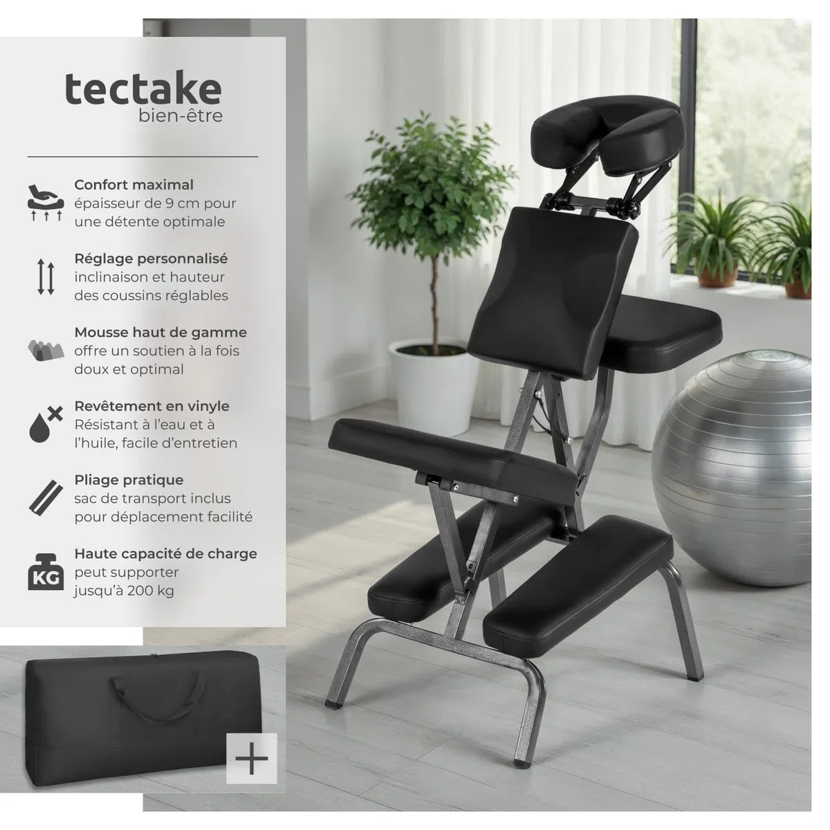 tectake® Chaise de Massage Fauteuil Tabouret Pliable Tabouret Ergonomique Rembourrage Extra-épais, Sac de Transport, Massage Dos cervicales et Cou Tete Visage Pieds