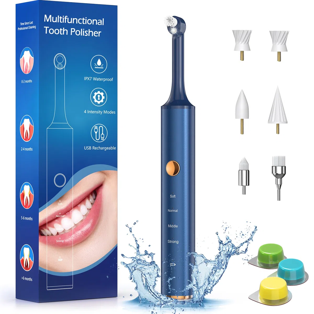 Kit Polisseur Dentaire Électrique avec 6 Têtes de Brosse 3 Pâtes Blanchiment Dents Bleu