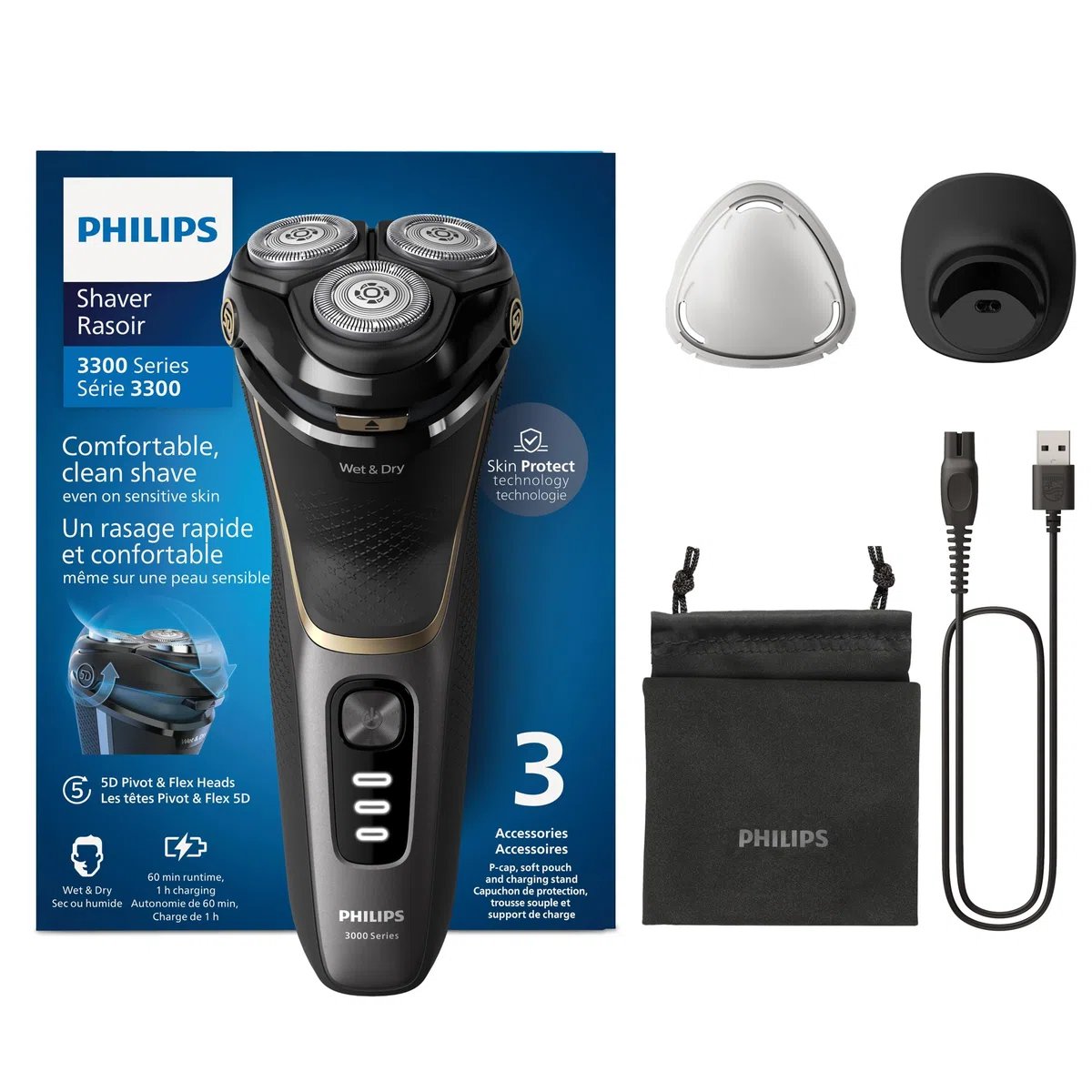 Philips Electric Shaver Series 3000 - Rasoir électrique Wet & Dry pour hommes avec technologie SkinProtect, Tondeuse rétractable, Socle de recharge, Housse de voyage, Noir, modèle S3342/13