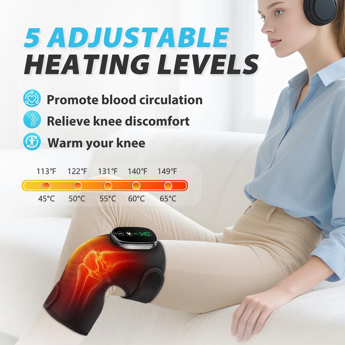 Genouillère Chauffante Sans Fil, Genou Chauffante avec Écran Tactile, Coussin Chauffant pour Épaule/Coude avec 5 Niveaux de Chauffage, 5 Modes de Vibration, 4 Moteurs Intégrés, Batterie 5000mAh