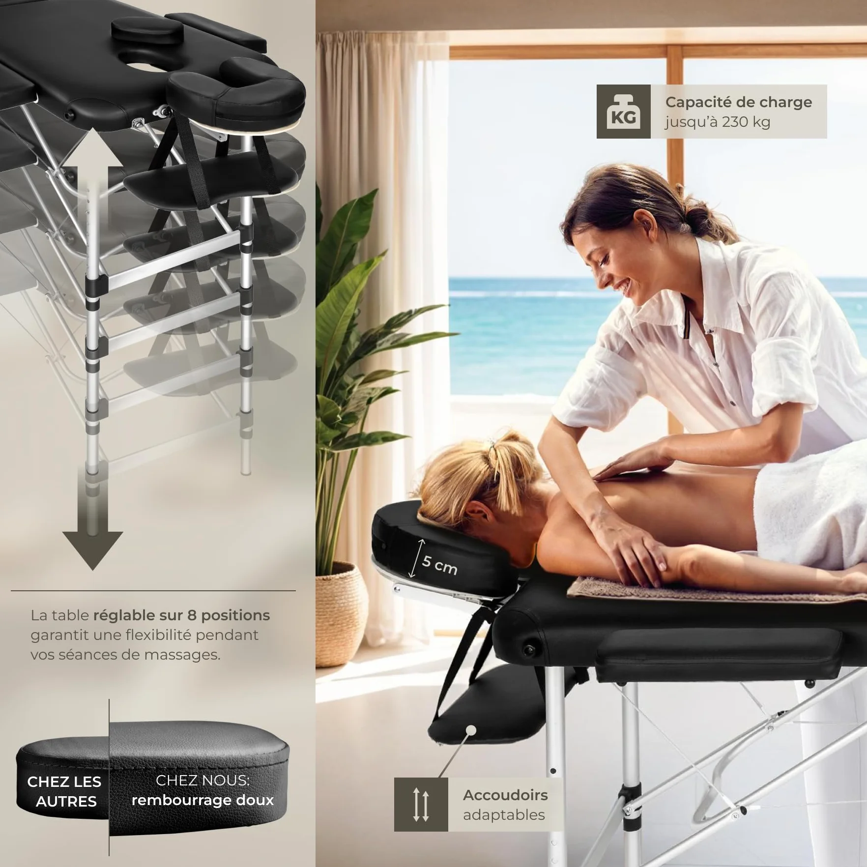 Tectake Table de Massage Pliante Professionnelle 3 Zones Aluminium Cosmetique Lit de Massage Tatouage Portable avec Repose Bras