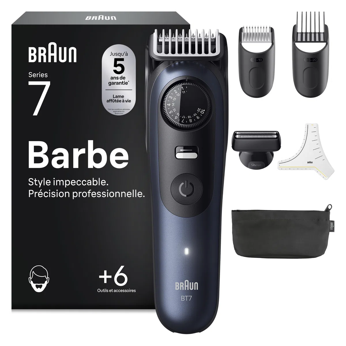 Braun Tondeuse Barbe Homme Series 7 BT7520, Bleue – Etanche, Batterie Rechargeable, Lame ProBlade, 40 Réglages de Longueur, Coffret avec +6 Outils de Barbier, Pochette