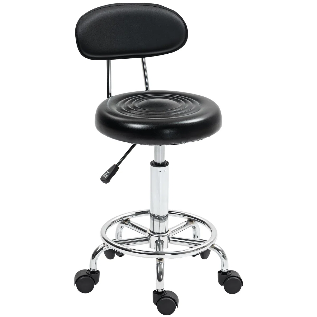 HOMCOM Tabouret à roulettes avec hauteur ajustable 70-86 cm, tabouret de massage pivotant avec dossier et repose-pieds, chaise de travail à roulettes pour salon de massage, tatouage, clinique, noir