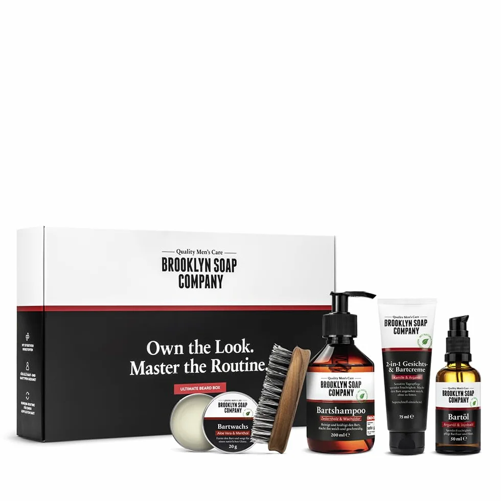 Brooklyn Soap Company Ultimate Beard Box Kit d'entretien de barbe avec huile, shampoing, brosse, cire et crème – Cadeau homme