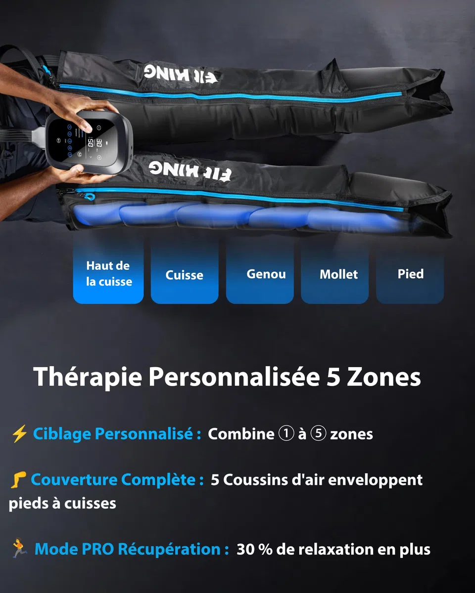 FIT KING Bottes de Pressothérapie pour Jambes Rechargeables Sans Fil - Massage par Compression 5 Zones avec Écran Tactile | Idéal pour Récupération Sportive et Détente (S)