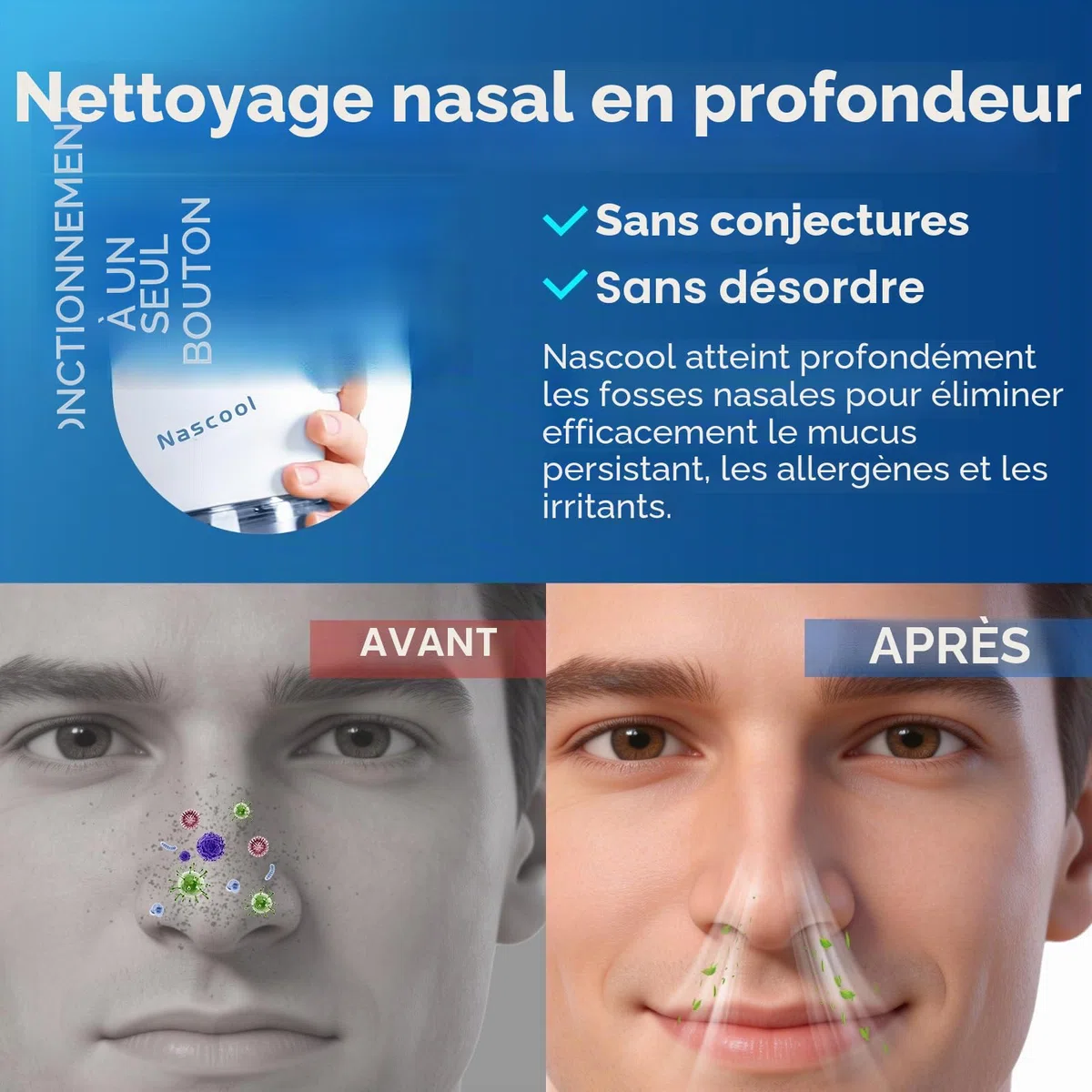 Nascool Système d'irrigation nasale électrique avec 50 sachets de sel nasal, bleu
