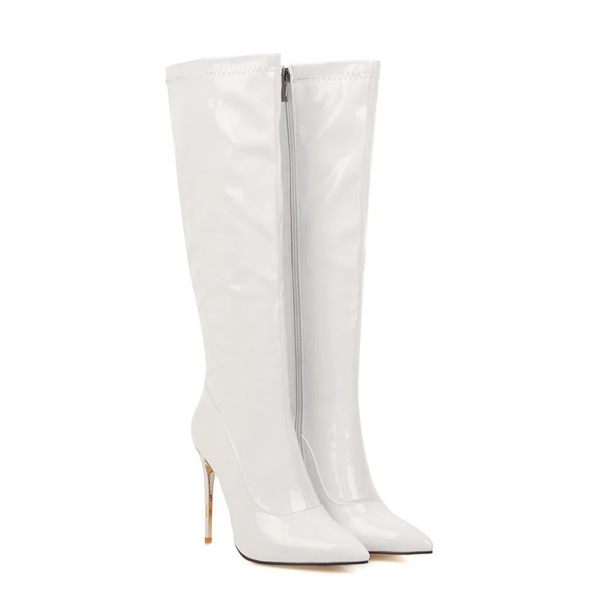 10 CM Patent Leather High Boots Pointus Talons Hauts Bottes Blanches de Grande Taille