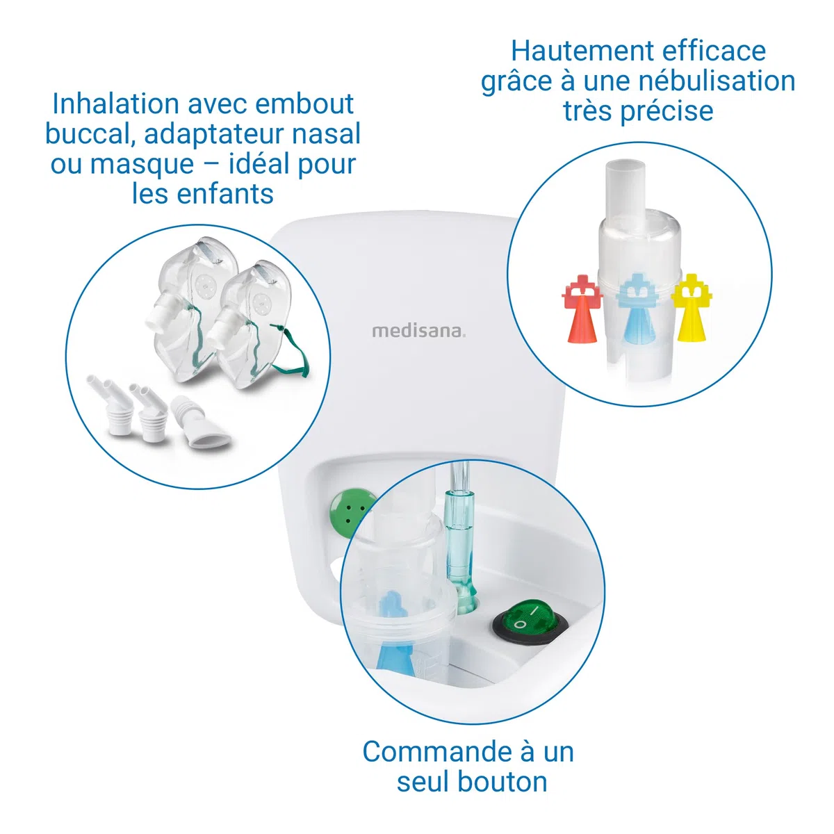 Medisana IN 500 inhalateur, nébuliseur à compresseur avec embout buccal et masque pour adultes et enfants, pour le rhume ou l'asthme avec accessoires supplémentaires et tube long
