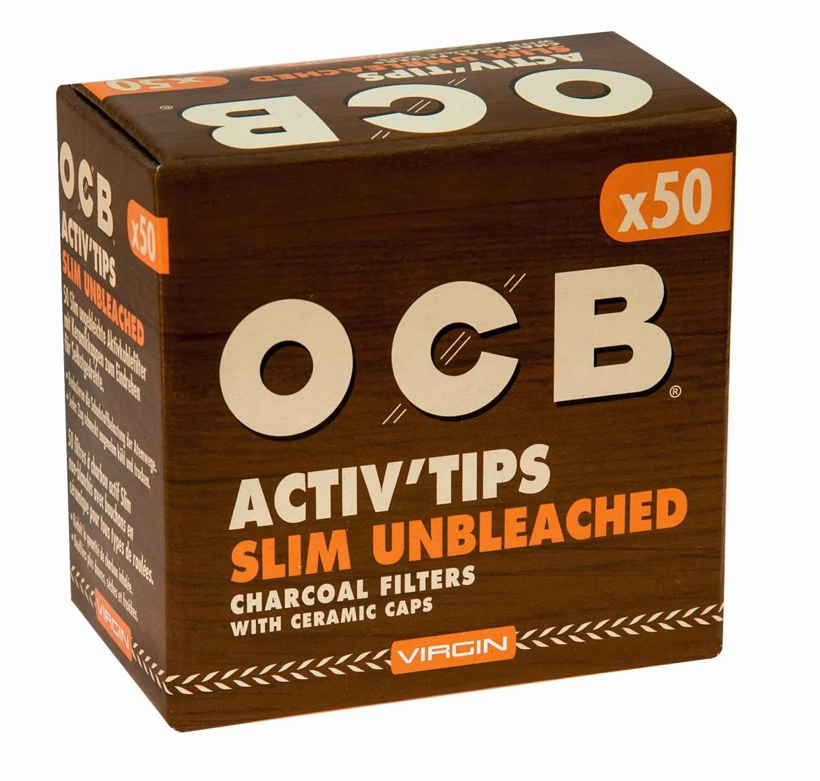OCB 18657 ActivTips Slim Unbleached 500 filtres à charbon actif Virgin 7 mm avec bouchons en céramique