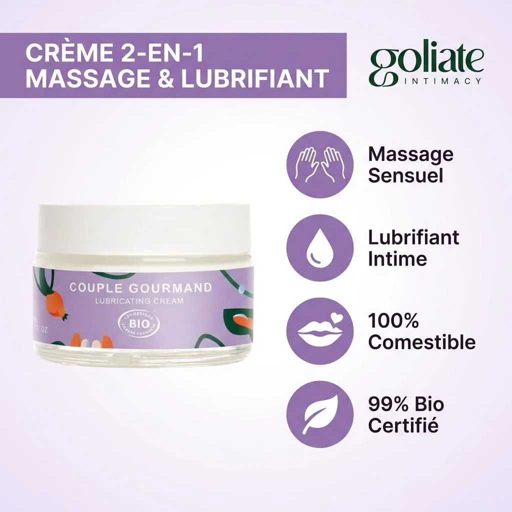 Goliate Huile de Massage Comestible et Lubrifiant Intime 2en1 Bio 50ml — Le Couple Gourmand, Certifié COSMOS ORGANIC par Ecocert, Végan, Fabriqué en France