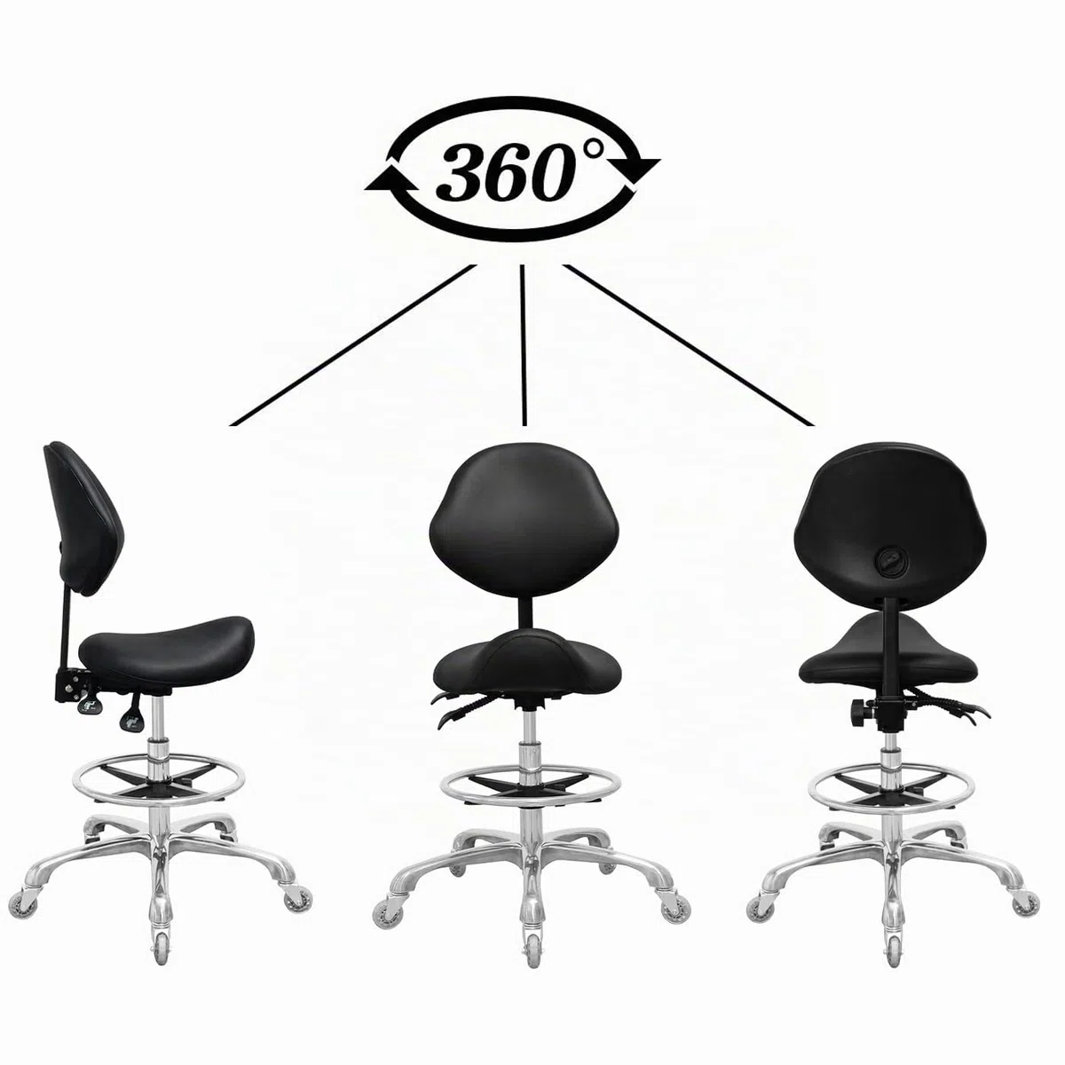 Tabouret de selle avec support dorsal et repose-pieds, très résistant (158,8 kg), tabouret hydraulique pivotant réglable pour salon, spa, beauté, massage, clinique, maison, bureau (noir)