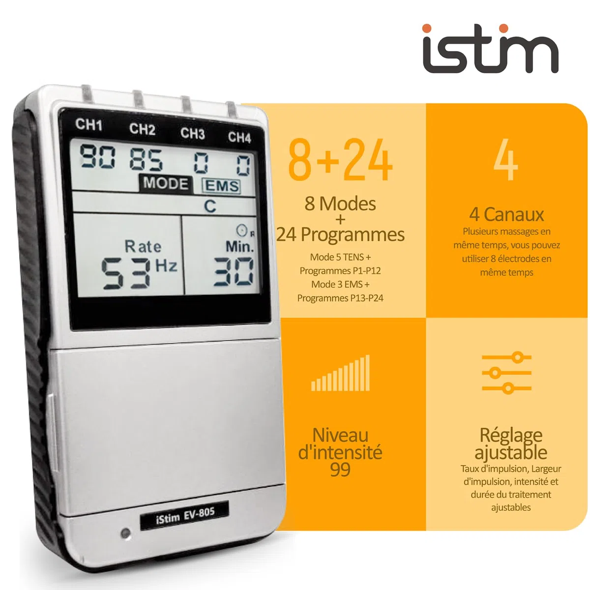 iStim EV-805 Électrostimulateur TENS & EMS 4 Canaux 16 Électrodes Réutilisables