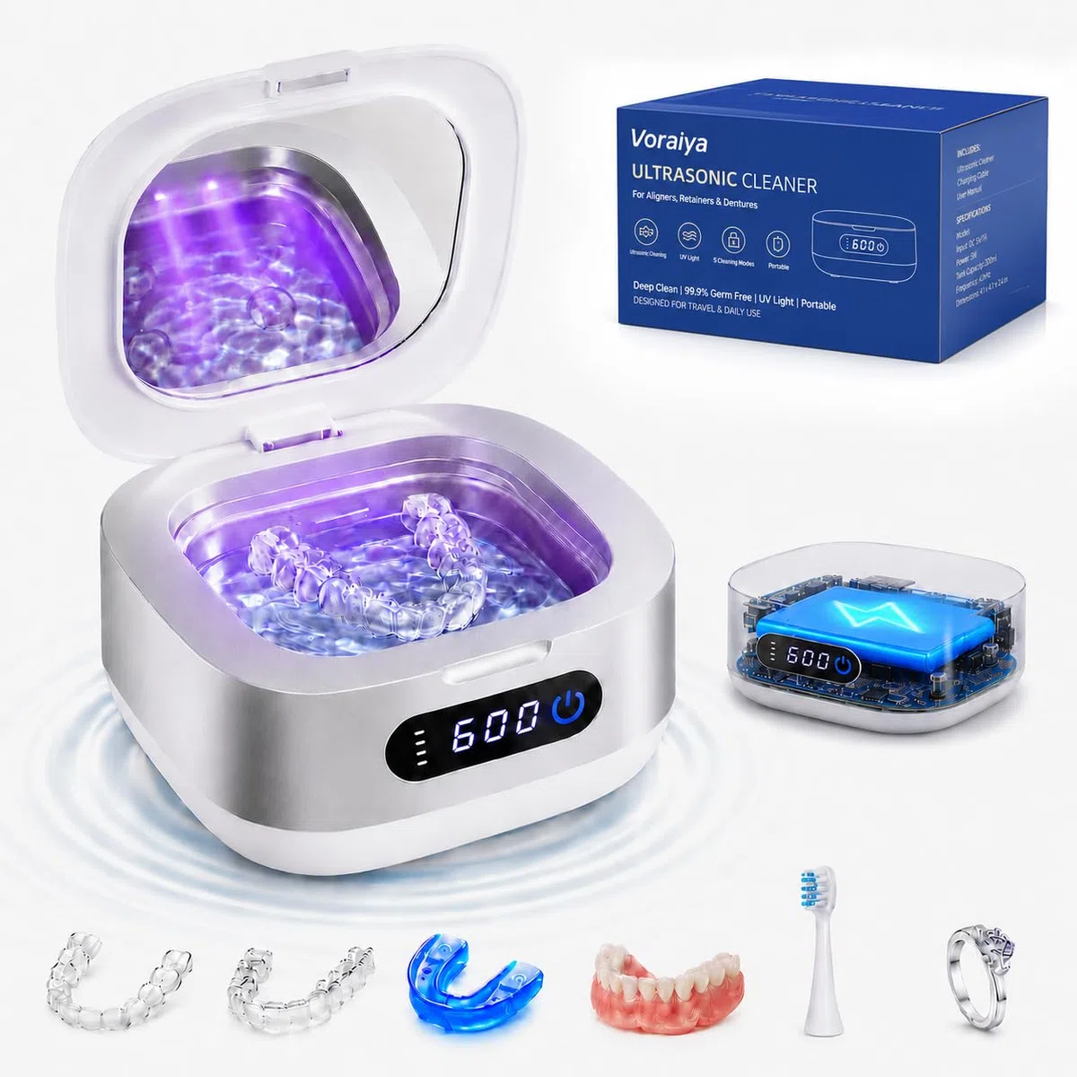 Voraiya Nettoyeur Ultrasons pour Gouttière Dentaire, Dental Pod Compact et Silencieux, Batterie 4000 mAh, IPX7 Étanche, Réservoir 166 ml, pour Aligneur, Appareil Dentaire
