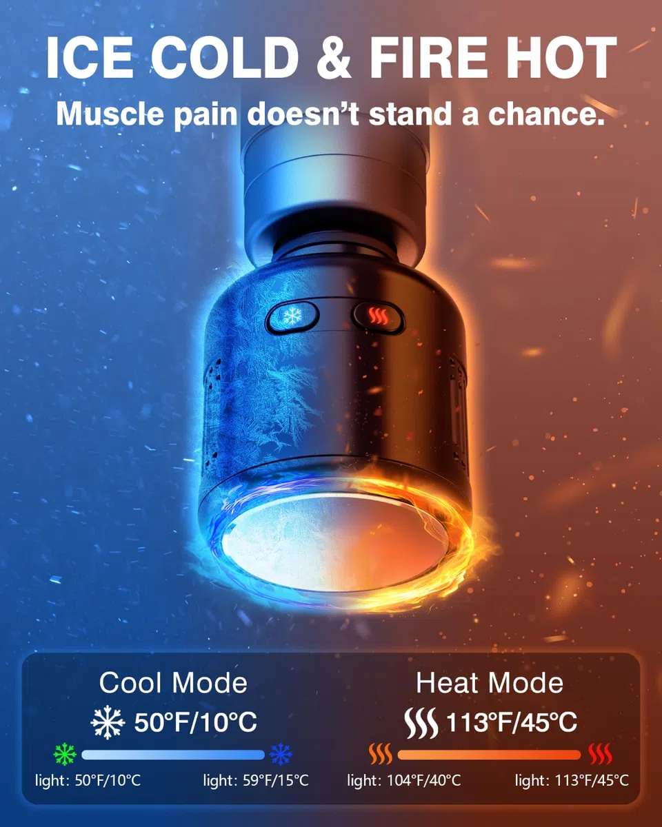 cotsoco Mini Pistolet de Massage Musculaire avec Thérapie Chaud & Froid, Massage à Percussion Profond, en Métal, 5 Têtes de Massage, avec Mallette de Transport, Puissant pour Douleurs et Récupération