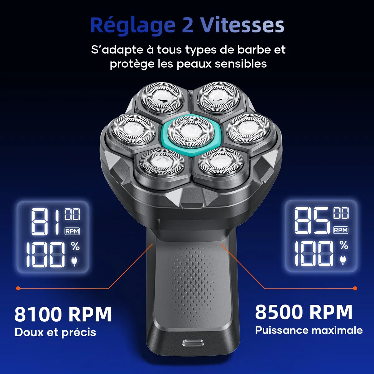 Kensen Rasoir Tete Chauve Homme 7D Rasoir Electriques Hommes 100 Mins d'Autonomie Tondeuse Crane Chauve IPX6 Étanche Sec & Humide Rasoir Crane Homme Chauve avec Écran LED，USB-C，8100 & 8500 tr/min