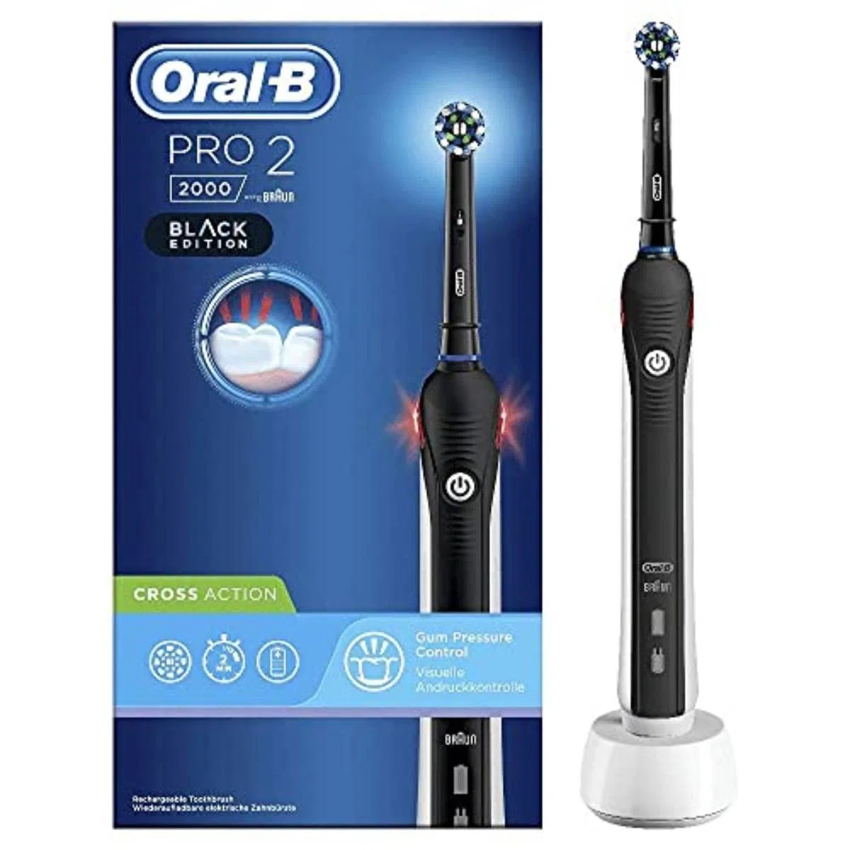 Oral-B Pro 2 2000 Brosse à dents électrique rechargeable, 1 manche noir avec chargeur, 1 tête CrossAction