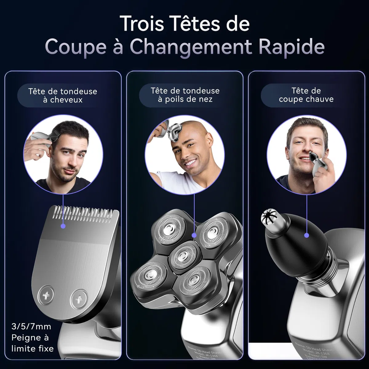 Kensen Rasoir Tete Chauve Homme 5D Tondeuse Cheveux Hommes Chauve 120 min Autonomie Étanche Sec Humide avec Coupe-Poils de Vez Écran LED Peigne Limite