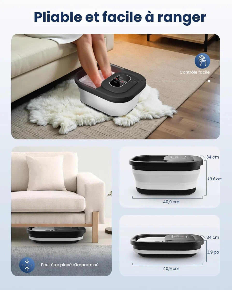 COMFIER Bain de pieds chauffant de massage|Masseur de pieds pliable|Fonction de vibration et de bulles|Pierre ponce pour pieds|35℃-48℃|Avec 8 rouleaux Shiatsu (Noir)