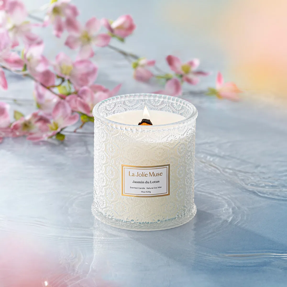 La Jolíe Muse Bougie parfumée au jasmin, bougie pour la fête des mères, bougie parfumée avec mèche en bois pour femmes et hommes, grande bougie en verre pour la maison, durée de combustion de 90