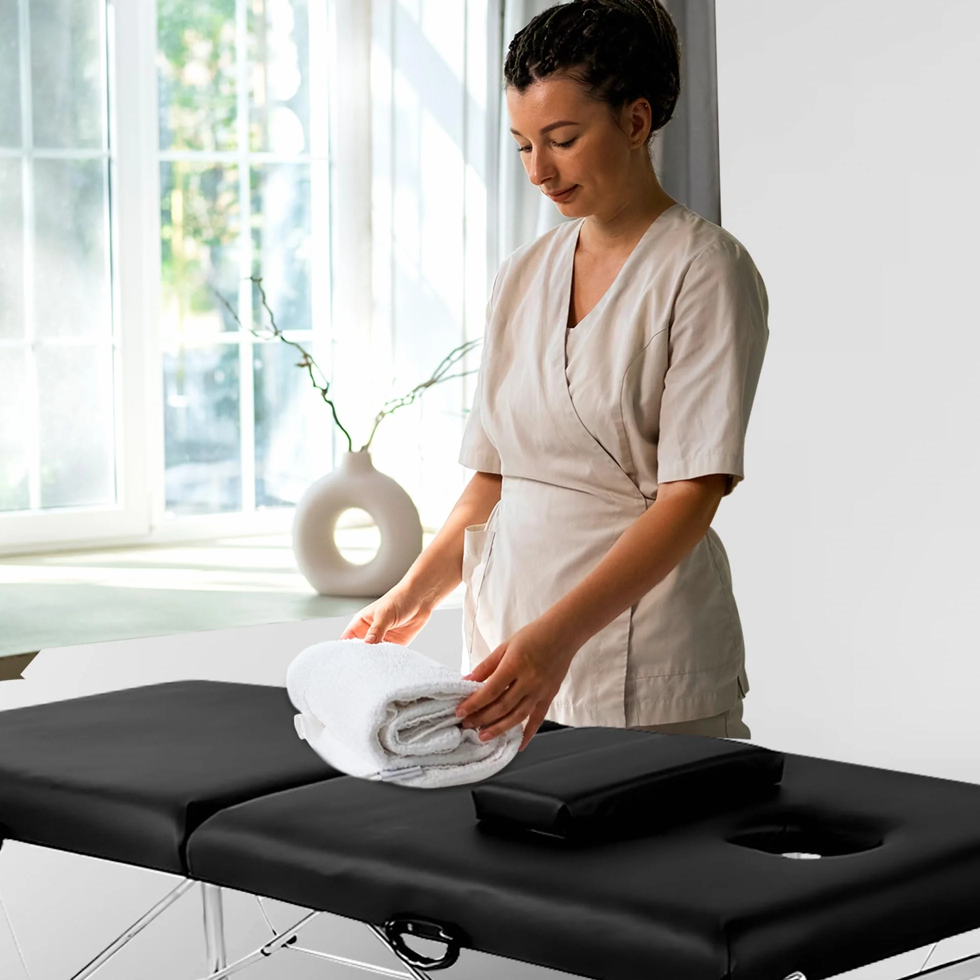 Table de Massage Pliante Professionnelle Maya 2 Zones - Lit Esthétique Léger en Aluminium | Table Pliante Hauteur Réglable 60-80cm | Revêtement Cuir Synthétique avec Poignée, Noir