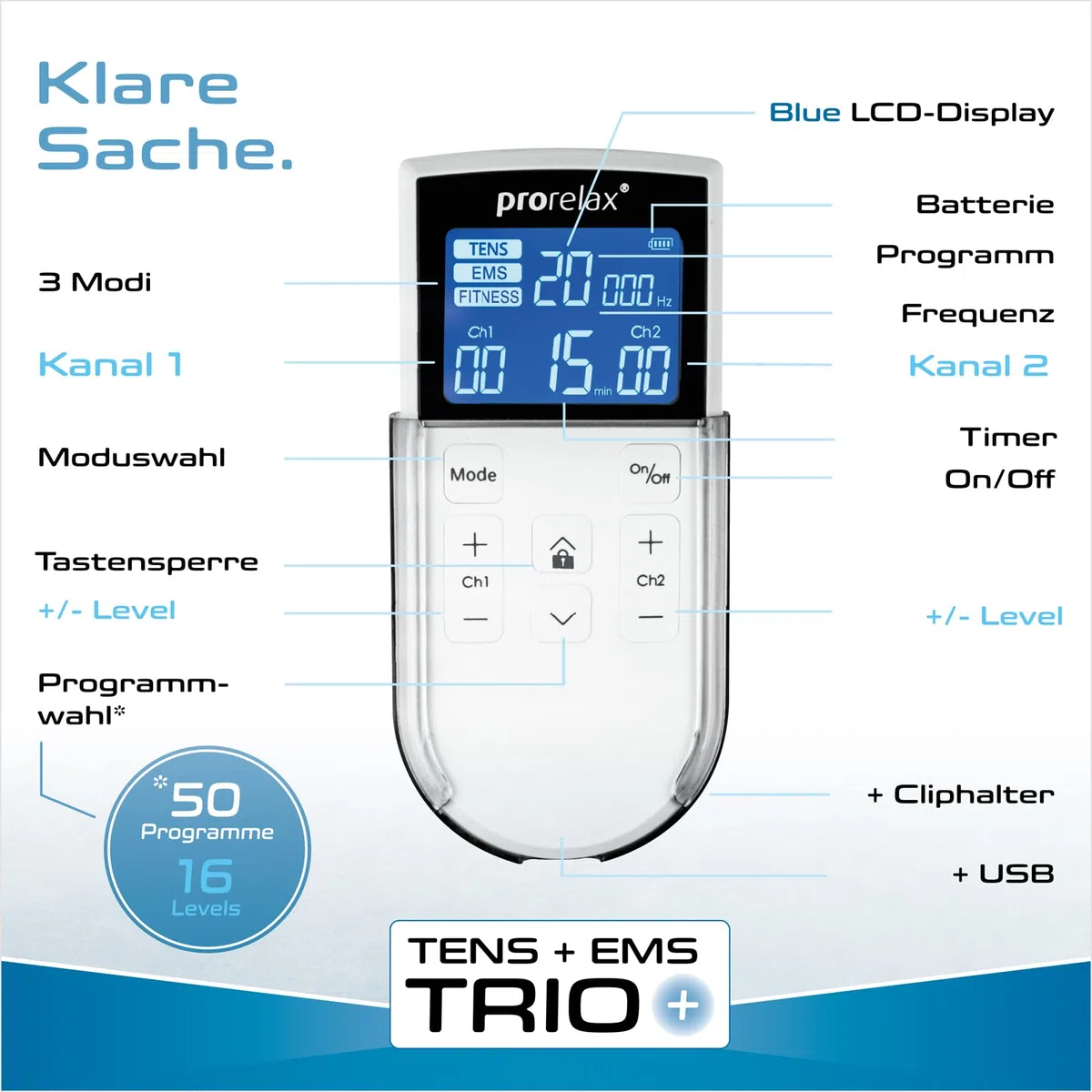 Prorelax TENS/EMS Trio+ Appareil d'électrostimulation 50 programmes
