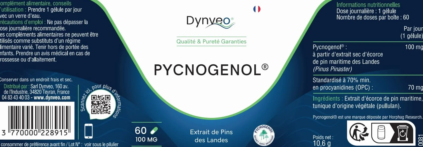 Pycnogenol - Antioxydant Cellulaire, Microcirculation & Peau - Extrait Pin Maritime des Landes - 100 mg - Titrage élevé 70% OPC - 60 Gélules (1 Gélule/Jour = 2 mois) - France - Dynveo