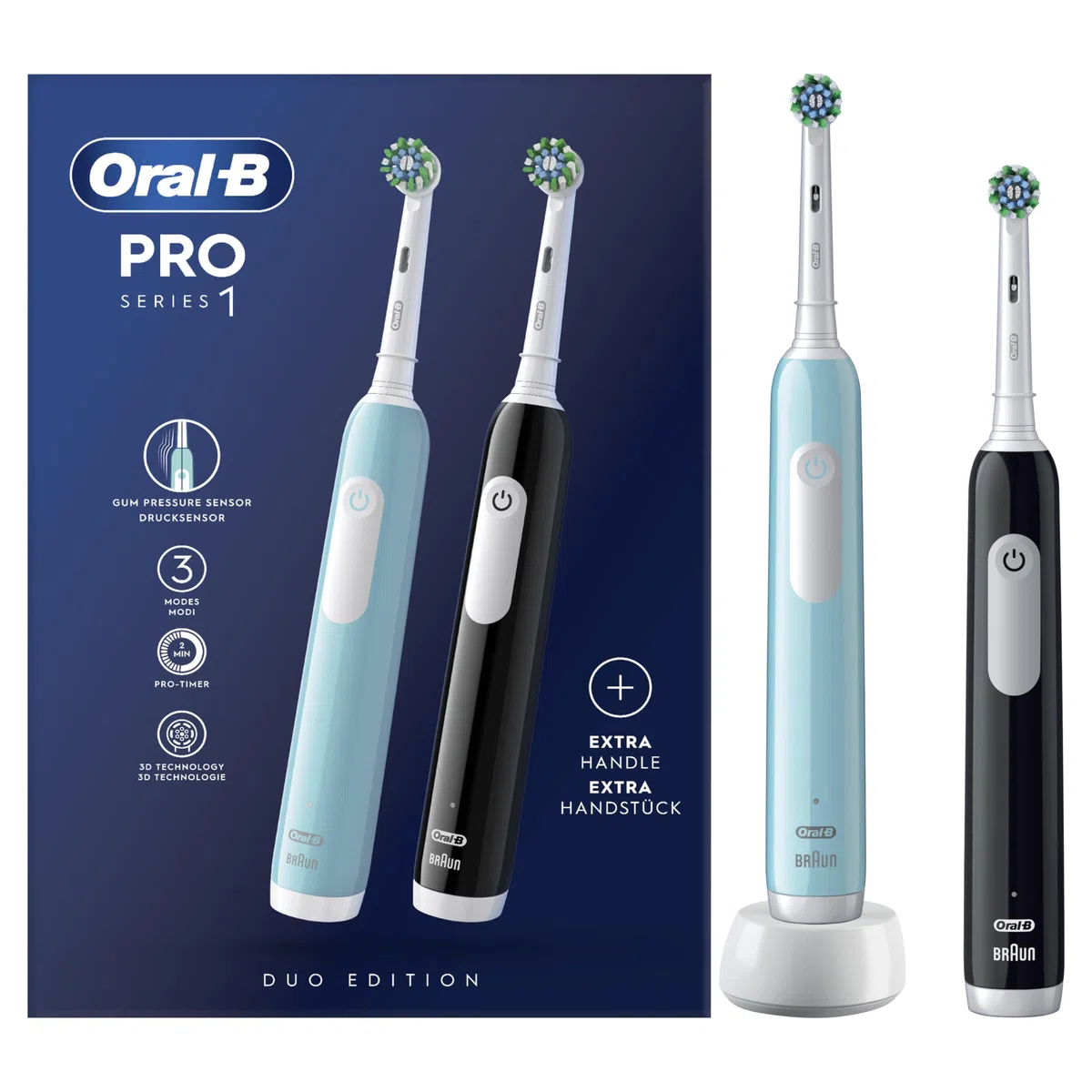 Oral-B Brosses A Dents Electriques Pro 1 Bleue Et Noire, 3 Modes De Nettoyage 3D, 2 Brossettes De Rechange Rondes, Chargeur