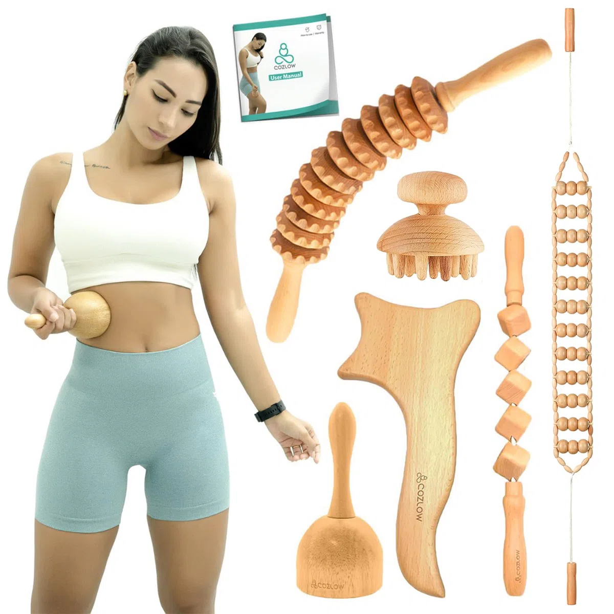 Outils de massage thérapeutique au bois 6 en 1 – Kit de maderoterapia professionnel pour la mise en forme et la sculpture du corps – Bâton de rouleau de massage pour drainage lymphatique – par Cozlow