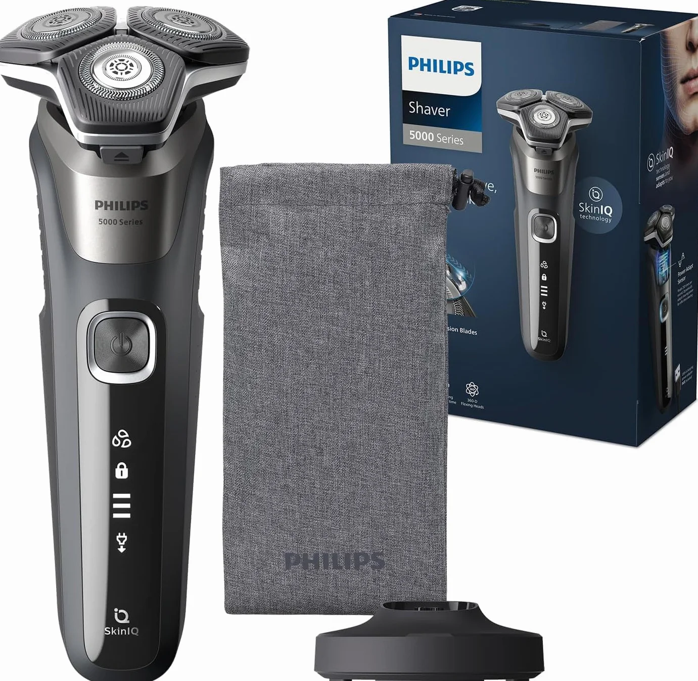 Philips Rasoir Series 5000 - rasoir électrique Wet & Dry gris carbone avec tondeuse rétractable intégrée, pochette souple, capuchon de protection et socle de charge (modèle S5887/13)
