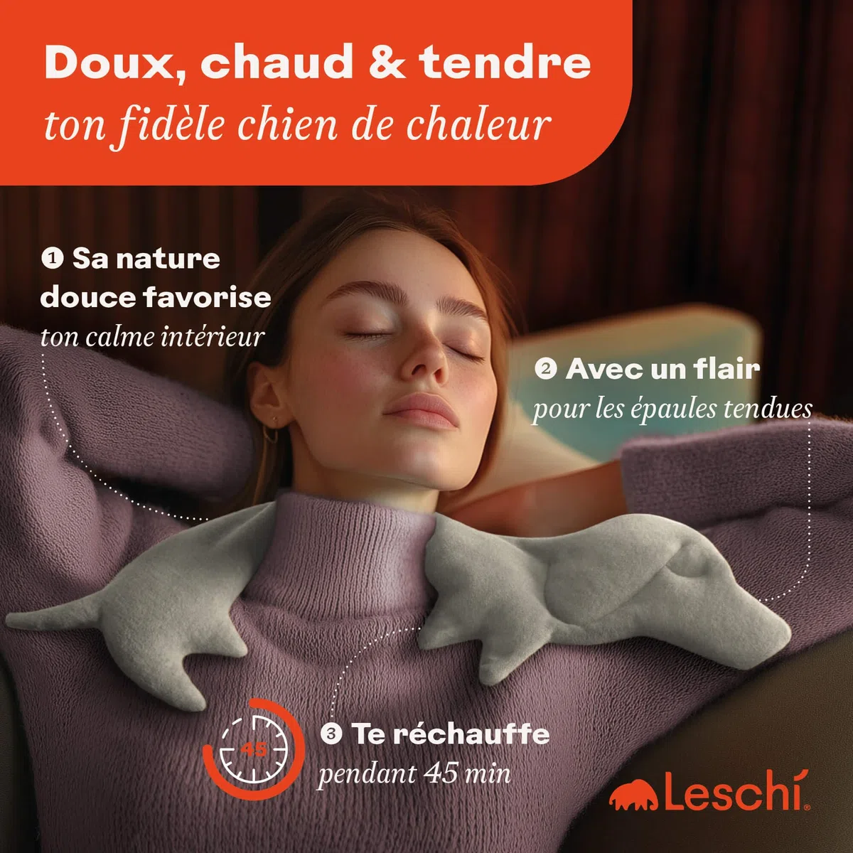 LESCHI Coussin chauffant micro ondes (52x20cm) en coton 100% bio, Chien gris, Bouillotte graines de blé 100% bio, Bouillotte micro-ondes idéale pour réchauffer cervicale, épaules, cou, nuque