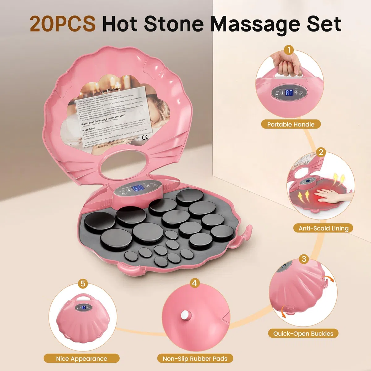 Hot-Stone Kit de massage en basalte avec étui chauffant portable, 3 niveaux de chaleur thérapeutique avec minuterie pour un usage domestique, massage, spa, détente (20)