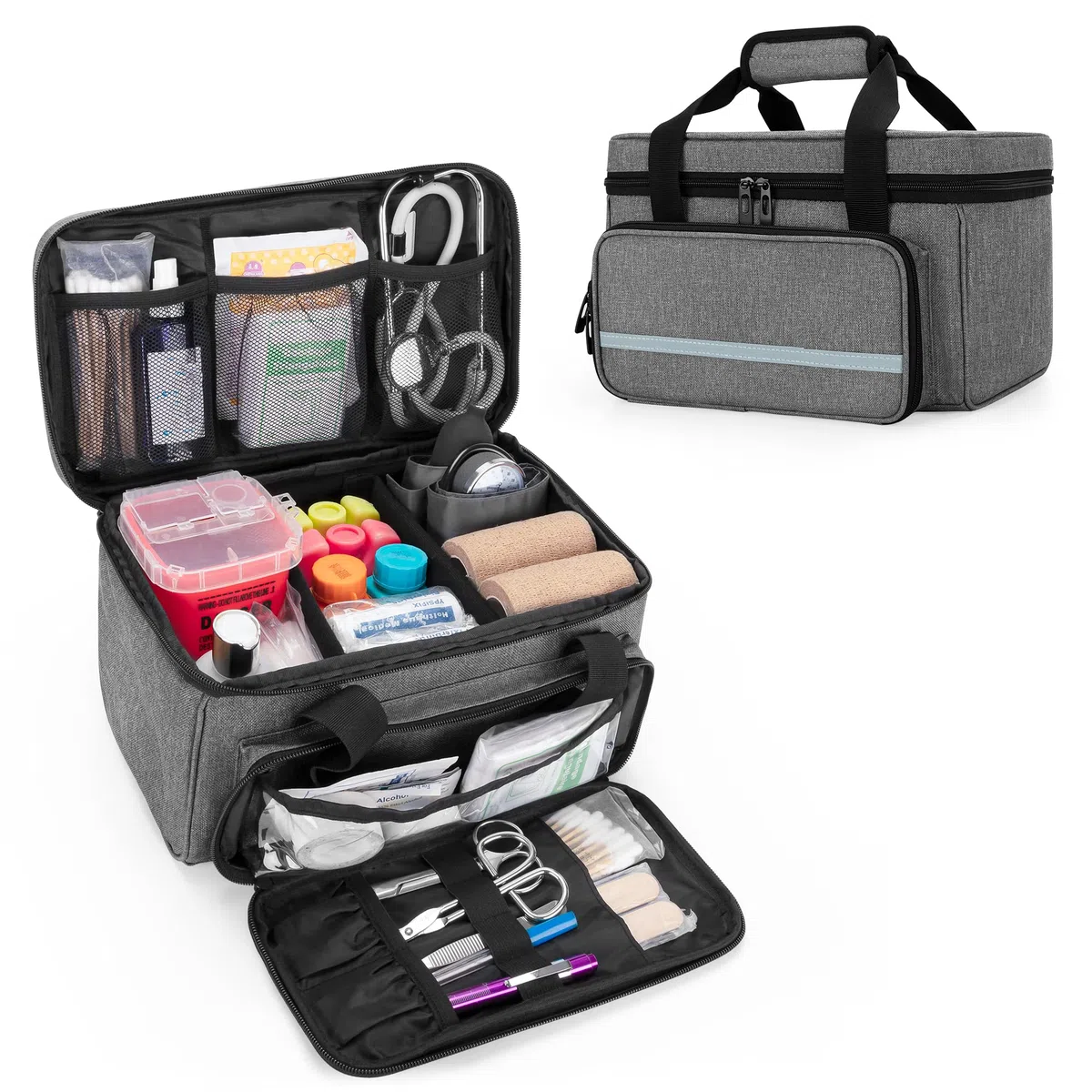 CURMIO Petit Boite de Premiers Secours, Sac d’Urgence pour Maison ou Voyage, Organisateur des Médicaments, Gris (Sac Vide, Brevet en Instance)
