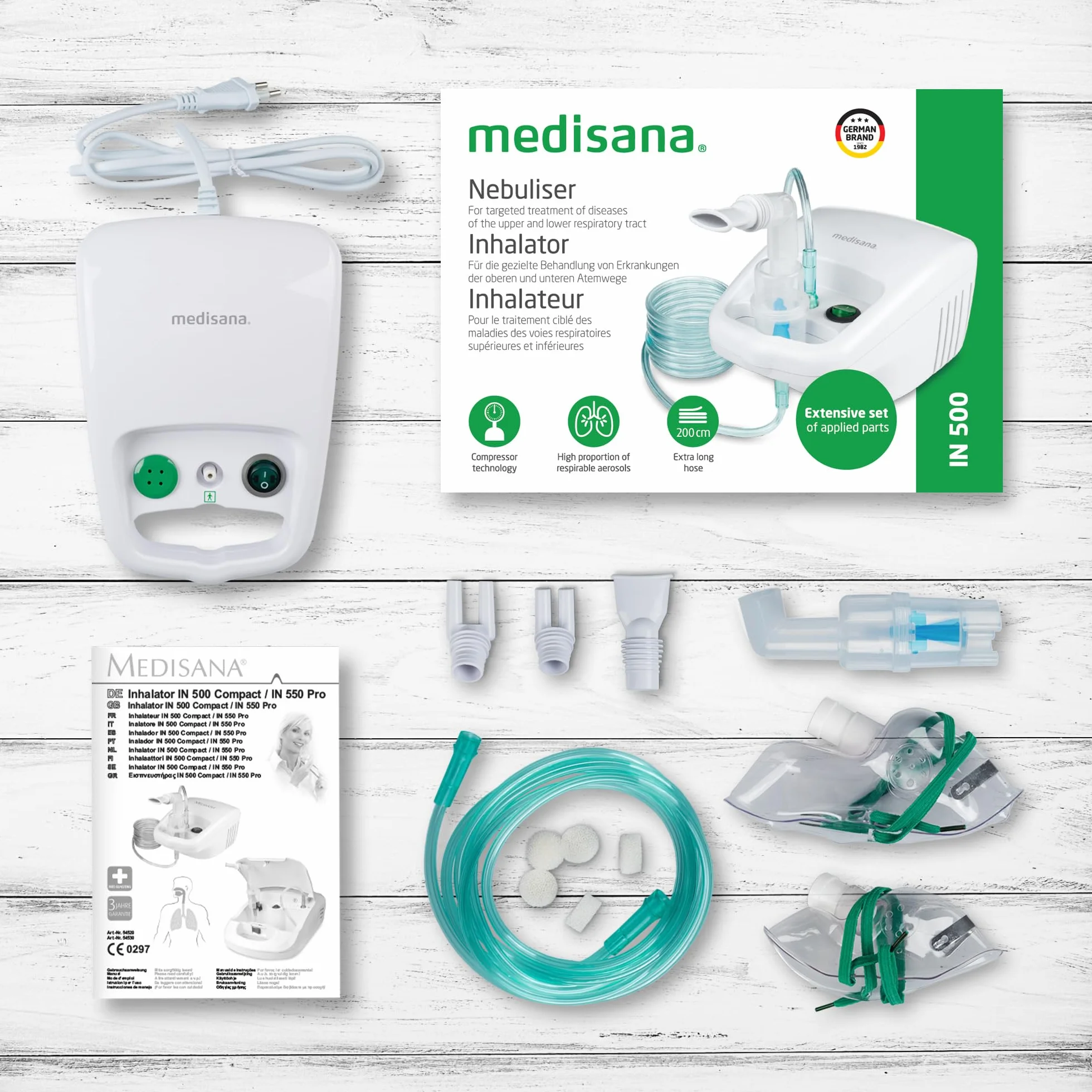 Medisana IN 500 inhalateur, nébuliseur à compresseur avec embout buccal et masque pour adultes et enfants, pour le rhume ou l'asthme avec accessoires supplémentaires et tube long