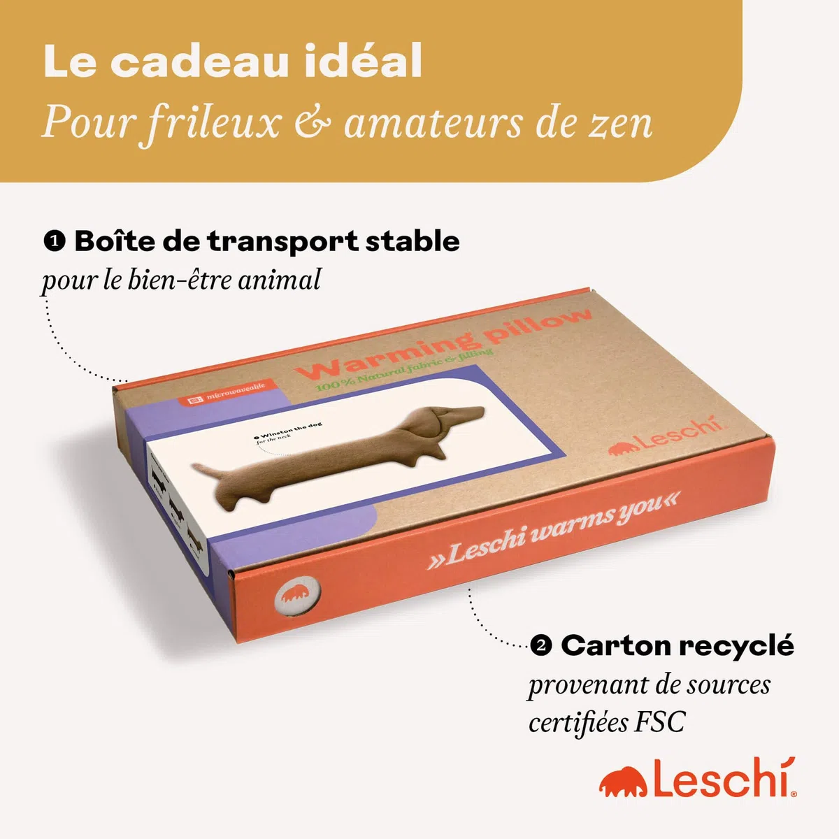 LESCHI Coussin chauffant micro ondes (52x20cm) en coton 100% bio, Chien gris, Bouillotte graines de blé 100% bio, Bouillotte micro-ondes idéale pour réchauffer cervicale, épaules, cou, nuque