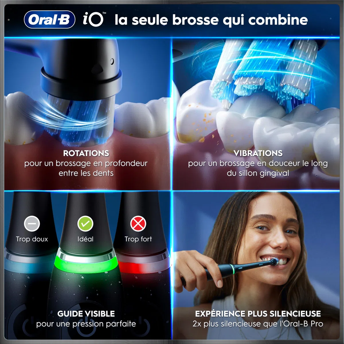 Oral-B iO 3 Brosse A Dents Electrique Noire, Pour Adultes, Modes De Nettoyage Avec Blancheur, Doux Pour Les Gencives, Capteur De Pression, Brossette Oral B De Rechange, Chargeur, Porte-Brossettes