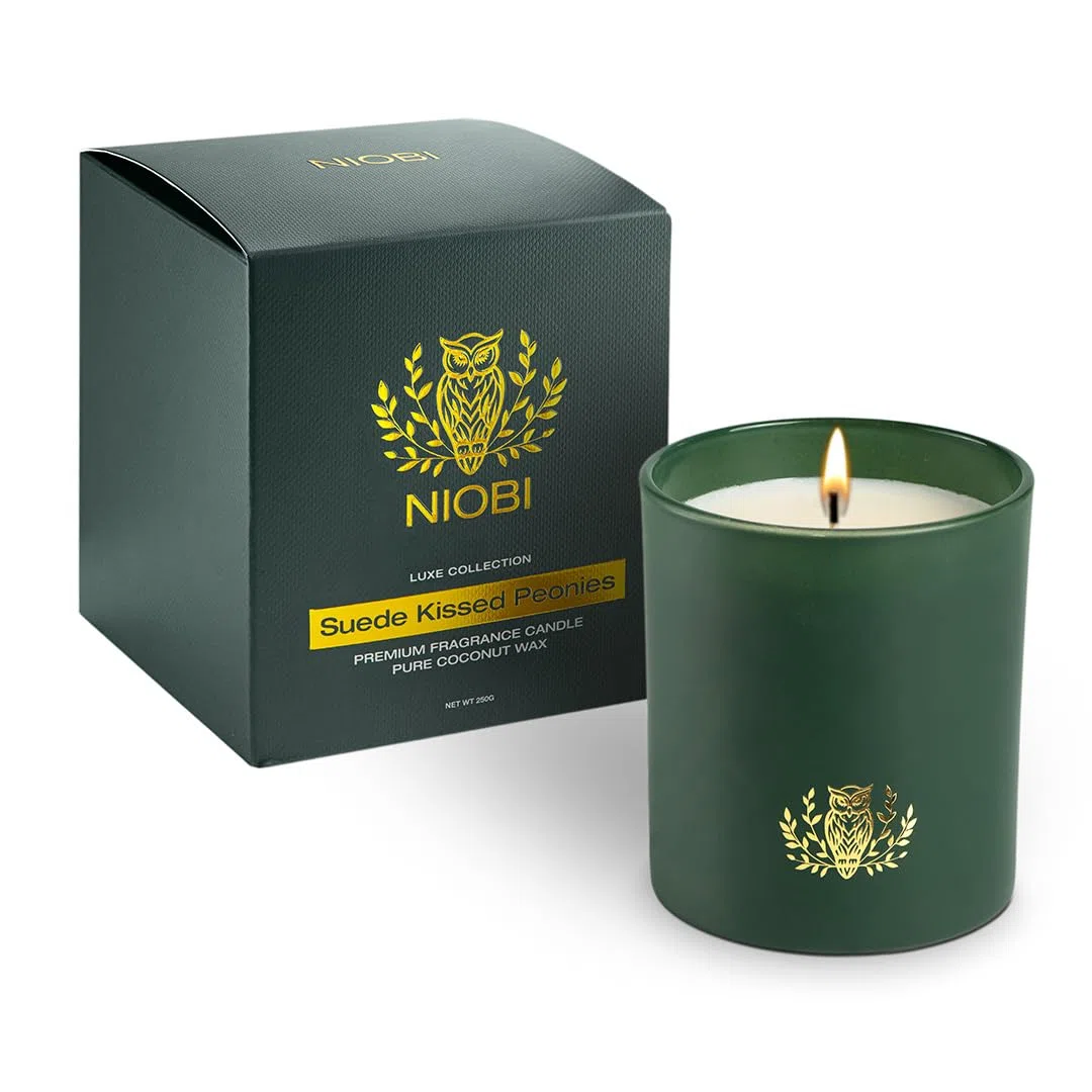 Bougie parfumée de luxe | Cire de noix de coco et de colza coulée à la main | Prune foncée, cerise noire et ambre | 250 g (pivoines baisées au daim)