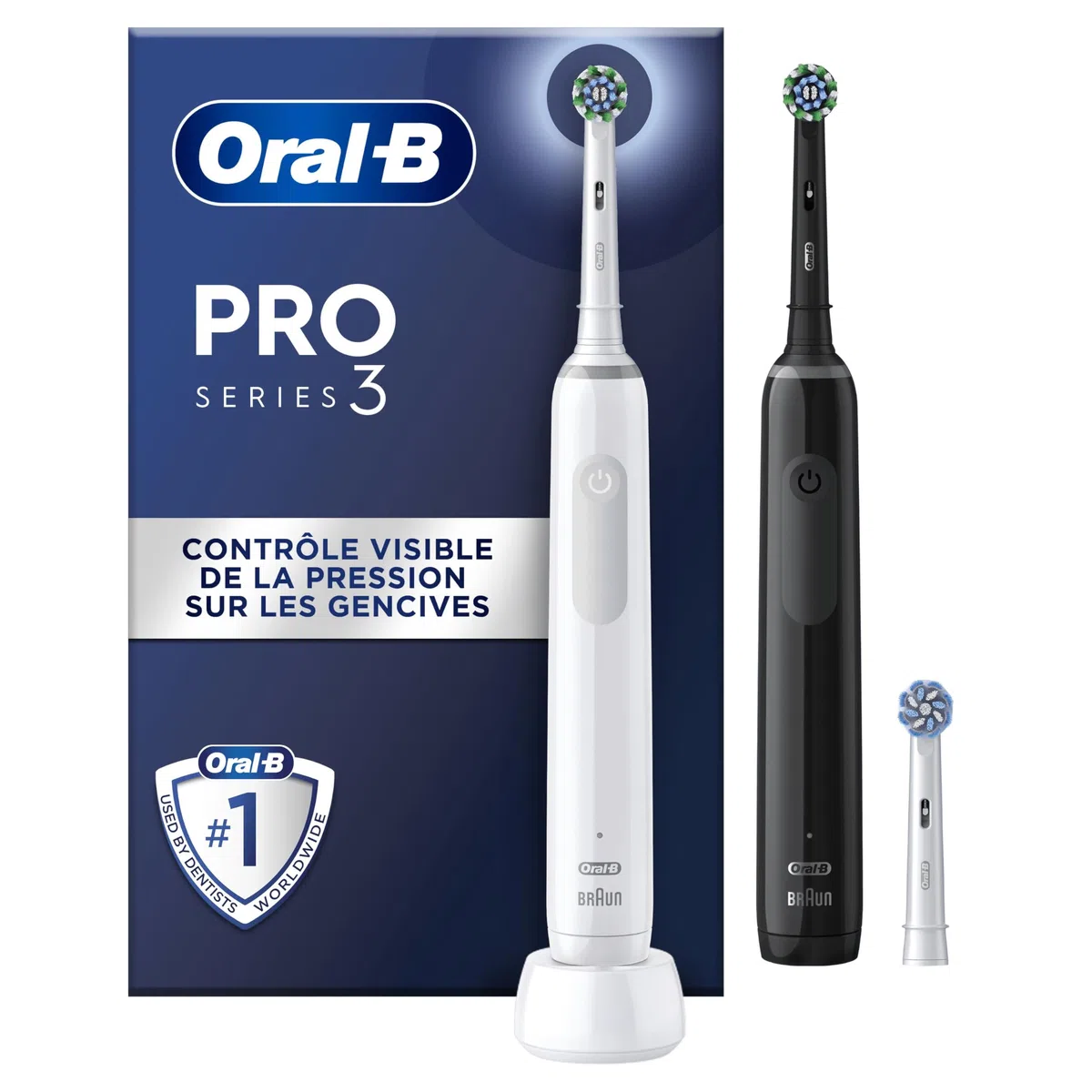 Oral-B Pro 3 3900 Brosses À Dents Électriques, Lot De 2, Contrôle De Pression Pour Protéger Les Gencives Sensibles, Mode Blancheur, 3 Brossettes Rondes De Rechange, 1 Chargeur, Blanche Et Noire