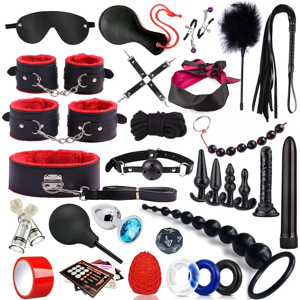 34 Pièces Kits de Bondage, SM Sex Toys Erotiques Set Adultes Toy pour Les Débutants, Érotiques Jouets Sexuels BDSM Anal Plug Menottes Masque Yeux Pour Sextape