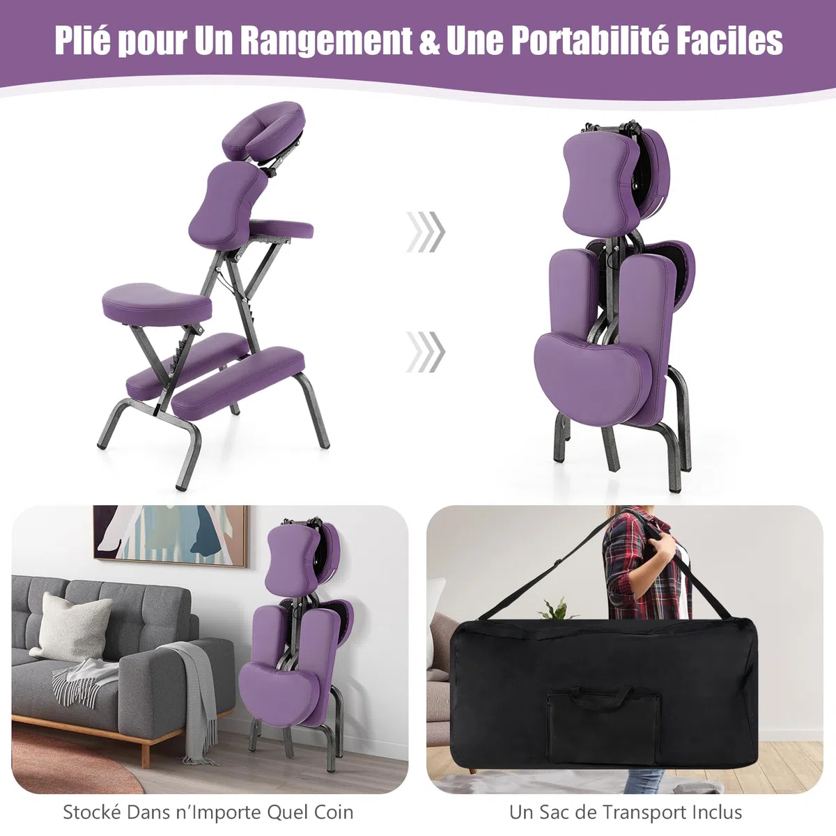 RELAX4LIFE Chaise de Massage Pliante Hauteur Réglable 110-120 CM, Chaise de Thérapie Portable Ergonomique avec Siège Rembourré, Sac de Transport, Charge 150 KG pour Tatouage Spa Esthéticienne (Violet)